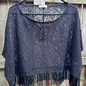 Paisley eyelet cropped fringe poncho